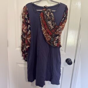Long Sleeve Navy Dress with Floral Patterned Sleeves